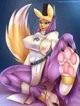  2015 3_toes anthro barefoot big_breasts black_sclera blue_eyes breasts claws clothed clothing digimon doomthewolf female foot_focus fur hat hindpaw looking_at_viewer nipple_bulge open_mouth pawpads paws presenting_feet solo taomon toe_claws toes yellow_fur 
