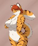  2015 amber_eyes big_breasts breasts feline female fluffy_tail fur hair looking_at_viewer mammal nude orange_fur pink_nose red_hair smile solo starfighter tiger tuft white_fur yellow_eyes 