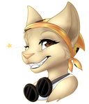  2015 anthro bandanna big_ears brown_eyes clothed clothing digital_media_(artwork) eyewear feline female fur goggles grin looking_at_viewer mammal one_eye_closed simple_background smile solo tajara taykoe white_background wink ziva_motaki 