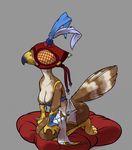  anthro avian bird blindfold bottomless breasts claws cleavage clothed clothing falcon falconry_hood feathers female grey_background half-dressed hood kneeling pillow simple_background siroc solo wide_hips 