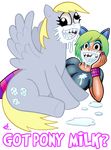  2013 black_eyes blonde_hair breasts clothed clothing curtsibling cutie_mark derp derp_eyes derpy_hooves_(mlp) digital_media_(artwork) dripping duo english_text equine eyebrows eyelashes female friendship_is_magic fur green_hair grey_fur hair happy horse human legwear makeup mammal milk my_little_pony open_mouth pegaslut pegasus pony puddle shirt sitting skull stockings teeth text tongue tongue_out watermark white_sclera wings 