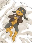  anthro balls barefoot bed bottomless canine clothed clothing cub doberman doberman_pup_(marimo) dog english_text half-dressed high-angle_shot hoodie lying male mammal manmosu_marimo on_back on_bed open_mouth sheath sleeping solo text young 