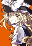  blonde_hair grin hat kirisame_marisa long_hair mitsunara orange_background smile solo star touhou witch_hat yellow_eyes 