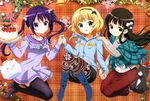  absurdres animage animal_hood anko_(gochiusa) aran_sweater argyle black_hair black_legwear blonde_hair brown_hair casual christmas christmas_tree gochuumon_wa_usagi_desu_ka? green_eyes hat highres hood kirima_sharo long_hair multiple_girls non-web_source official_art pinstripe_pattern plaid plaid_background pom_pom_(clothes) purple_eyes purple_hair santa_hat short_hair smile striped sweater tedeza_rize thighhighs tippy_(gochiusa) tsutsumiya_noriko turtleneck twintails ujimatsu_chiya 