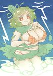  bra breasts ghost_tail green_hair hat highres large_breasts lightning orange_bra orange_eyes orange_panties panties plump short_hair soga_no_tojiko solo tate_eboshi touhou tsuutenkaaku underwear 