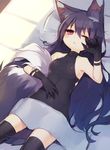  :&lt; animal_ear_fluff animal_ears bare_shoulders black_legwear blanket breasts fingernails fox_ears fox_tail futon gloves hand_on_own_stomach long_hair lying muryotaro on_back one_eye_closed original pillow red_eyes sharp_fingernails shirt small_breasts solo tail tears thighhighs tight_shirt very_long_hair wiping_tears 