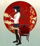  akitsu_maru_(kantai_collection) black_hair bonsai breasts floral_print full_body gradient gradient_background hat kantai_collection loafers medium_breasts military_hat plant pleated_skirt remodel_(kantai_collection) shoes short_hair skirt smile solo standing thighhighs touyama_eight vest zettai_ryouiki 