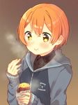  :t breath clothes_writing collared_shirt eating food green_eyes hood hooded_jacket hoshizora_rin jacket love_live! love_live!_school_idol_project mofun orange_hair romaji shirt short_hair sleeves_past_wrists smile solo sweet_potato yakiimo yellow_eyes 