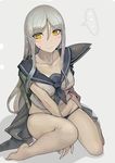  1girl bare_legs barefoot black_panties blush cape collarbone grey_hair kantai_collection long_hair looking_at_viewer neckerchief no_pants panties school_uniform serafuku shirt sitting solo ta-class_battleship underwear very_long_hair walzrj yellow_eyes 