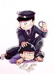  alternate_costume black_hair brothers clenched_teeth cuffs grin half-closed_eyes handcuffs hood hoodie male_focus matsuno_ichimatsu matsuno_karamatsu messy_hair money multiple_boys on_floor osomatsu-kun osomatsu-san police police_uniform protected_link restrained siblings simple_background smile teeth uniform white_background 