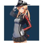  absurdres anchor_hair_ornament bad_id bad_pixiv_id blonde_hair blue_background blue_eyes border breasts cowboy_shot gloves hair_ornament hand_on_headwear hand_on_hip hat highres iron_cross kantai_collection long_hair looking_at_viewer medium_breasts microskirt military military_uniform peaked_cap prinz_eugen_(kantai_collection) revision shion_(mirudakemann) simple_background skirt solo twintails uniform white_border white_gloves 