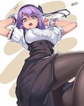  blue_eyes breasts dagashi_kashi flower hair_flower hair_ornament hairband high-waist_skirt highres jjune large_breasts looking_at_viewer open_mouth pantyhose purple_hair ringed_eyes shidare_hotaru short_hair skirt solo suspender_skirt suspenders 