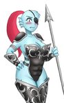  1girl 2015 armor big_breasts blue_skin blush breasts cleavage clothed clothing eye_patch eyepatch eyewear female fish hair hand_on_hip marine melee_weapon monster monster_girl orca_(artist) polearm ponytail red_hair skimpy solo spear thick_thighs unconvincing_armor undertale undyne video_games weapon 