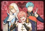  alternate_hair_color aqua_eyes aqua_hair armor blonde_hair cherry_blossoms english flower gloves heart heart_hands hood ichigo_hitofuri japanese_armor male_focus military military_uniform monoyoshi_sadamune mou_(mooooow) multiple_boys necktie one_eye_closed open_mouth pink_hair shoulder_armor smile sode touken_ranbu uniform white_gloves yamanbagiri_kunihiro yellow_eyes 