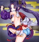  armor artist_name ass detached_sleeves egasumi fate/grand_order fate_(series) katana long_hair mismatched_sleeves panties purple_eyes purple_hair signature solo sword tapi_(tapiest) twintails underwear ushiwakamaru_(fate/grand_order) weapon 