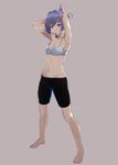  adjusting_hair barefoot bike_shorts bra breasts full_body highres kantai_collection long_hair mouth_hold navel pink_hair shiranui_(kantai_collection) short_hair simple_background small_breasts solo touyama_eight tying_hair underwear white_bra 