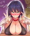  1girl bad_id bad_pixiv_id bikini black_bikini black_hair blush breast_rest breasts cleavage collar collarbone covered_nipples double_v fubuki_(one-punch_man) full-face_blush fur_trim green_eyes heart heart-shaped_pupils hetero large_breasts looking_at_viewer one-punch_man open_mouth saitama_(one-punch_man) saliva short_hair smile swimsuit symbol-shaped_pupils tears try v wavy_mouth 