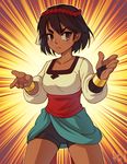  ajna_(indivisible) beads bike_shorts black_eyes bracelet bridal_gauntlets brown_hair commentary cowboy_shot dark_skin english_commentary fighting_stance hair_ornament indivisible jewelry looking_at_viewer pose sash short_hair shunkaku signature solo standing 