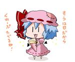  :3 bat_wings blue_hair bow brooch chibi commentary crepe detached_wings dress fang food food_wrapper hat hat_bow jewelry mob_cap noai_nioshi patch pink_dress pink_hat puffy_short_sleeves puffy_sleeves red_bow remilia_scarlet short_hair short_sleeves solo sparkle touhou translated wings |_| 