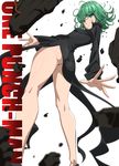  ass black_dress chikuishi commentary_request curly_hair dress from_behind from_below green_eyes green_hair looking_at_viewer looking_back no_panties one-punch_man pelvic_curtain short_hair side_slit solo tatsumaki telekinesis 