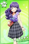  artist_request bracelet card_(medium) character_name earrings green_background grey_skirt jewelry long_hair official_art one_eye_closed ootori_chacha plaid plaid_skirt purple_eyes purple_hair purple_shirt shirt skirt solo sparkle tokyo_7th_sisters wavy_hair 