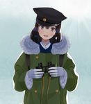  akitsu_maru_(kantai_collection) binoculars black_hair fur_coat gloves hat kantai_collection looking_at_viewer open_mouth purple_eyes remodel_(kantai_collection) short_hair solo touyama_eight white_gloves 