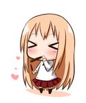  &gt;_&lt; blonde_hair blush chibi closed_eyes doma_umaru food hana_kazari highres himouto!_umaru-chan komaru long_hair mouth_hold pocky pocky_day school_uniform skirt solo thighhighs 