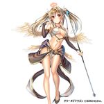  absurdres bare_legs blonde_hair blush breasts bridal_gauntlets cleavage dansa earrings feathered_wings highres jewelry large_breasts long_hair looking_at_viewer navel original red_eyes simple_background solo staff tower_of_dragon twintails underboob white_background white_legwear white_wings wings 