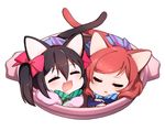  :d animal_ears bangs black_hair blush bow bowtie cat_ears cat_tail chibi closed_eyes drooling hair_between_eyes hair_bow in_container kemonomimi_mode long_sleeves love_live! love_live!_school_idol_project multiple_girls neko_nabe ng_(kimjae737) nishikino_maki open_mouth pink_bow red_hair short_hair simple_background sleeping smile striped striped_bow striped_neckwear swept_bangs tail twintails white_background yazawa_nico 