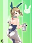  animal_ears artist_name ass bare_shoulders blush brown_eyes brown_hair bunny_ears bunny_girl bunny_tail bunnysuit cup detached_collar highres kantai_collection long_hair looking_at_viewer looking_back low_twintails open_mouth pantyhose saucer shirayuki_(kantai_collection) smile solo steam tail tea teacup teapot tsukineko twintails white_legwear wrist_cuffs 