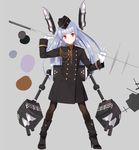  alternate_costume bangs blunt_bangs boots hair_ribbon hat headgear high_heel_boots high_heels kantai_collection long_hair looking_at_viewer military military_uniform murakumo_(kantai_collection) pantyhose red_eyes ribbon solo touyama_eight uniform 