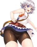  :d bag belt bike_shorts blue_skirt blush bra casual farrah_(granblue_fantasy) flipped_hair granblue_fantasy handbag hinata_sora open_mouth orange_bra panties_under_bike_shorts purple_eyes short_hair silver_hair simple_background skirt smile solo underwear white_background 