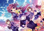  aqua_eyes black_legwear blue_skirt brown_eyes brown_hair flower hair_ornament holding holding_flower jpeg_artifacts long_hair looking_at_viewer multiple_girls open_mouth pantyhose petals purple_eyes school_uniform skirt smile socks thighhighs yukie_(peach_candy) 