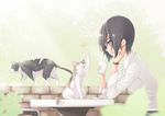  animal arm_support black_hair blurry bug bush butterfly cat chin_rest collared_shirt cup depth_of_field from_side highres insect mku mug original outdoors paw_print paws plant saucer shirt sitting smile solo table wall wristband 