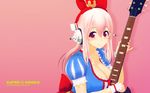  3d blush bow breasts guitar hair_bow headphones highres instrument large_breasts long_hair looking_at_viewer mascot nitroplus pink_hair puffy_sleeves red_eyes smile snow_white_and_the_seven_dwarfs solo super_sonico wallpaper 