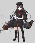  alternate_costume black_hair boots gloves hair_ribbon hat high_heel_boots high_heels isokaze_(kantai_collection) kantai_collection long_hair looking_at_viewer military military_uniform red_eyes ribbon sheath single_thighhigh smile solo thighhighs touyama_eight uniform 