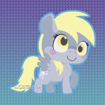  blonde_hair chibi cute cutie_mark derpy_hooves_(mlp) equine female friendship_is_magic fur grey_fur hair happy horse mammal miss-glitter_(artist) my_little_pony pattern_background pony simple_background smile solo white_sclera wings yellow_eyes 