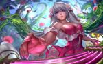  1girl alternate_costume bare_shoulders dress flower glowing grey_hair highres instrument league_of_legends long_hair looking_at_viewer nail_polish parted_lips pink_nails plant purple_eyes solo sona_buvelle tinadraw twintails upper_body vines 