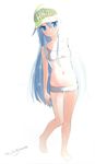  barefoot baseball_cap blue_eyes blue_hair blurry character_name full_body hat hibiki_(kantai_collection) highres kantai_collection long_hair navel parted_lips short_shorts shorts simple_background sketch solo sports_bra standing touyama_eight twitter_username very_long_hair white_background 