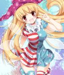  :d blonde_hair breasts clownpiece fairy_wings hat highres jester_cap large_breasts long_hair open_mouth print_legwear red_eyes smile solo stigma1101 striped striped_legwear thighhighs touhou v_over_eye wings 