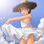  blue_sky blush breasts brown_eyes brown_hair cloud cloudy_sky cowboy_shot day dress dress_lift fujimoto_atsuko hat lens_flare lielos looking_at_viewer nipples no_bra open_mouth original outstretched_arms panties pantyshot pantyshot_(standing) short_hair sky small_breasts smile solo splashing standing sun_hat sundress tan tanline underwear white_dress white_panties 