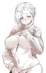  absurdres afukuro between_breasts blush breasts food highres large_breasts monochrome navel pocky shirt_lift sketch solo sweater turtleneck 