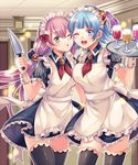  ;d blue_eyes blue_hair breasts cleavage green_eyes knife long_hair maid maid_headdress medium_breasts multiple_girls official_art one_eye_closed open_mouth purple_hair senjou_no_electro_girl shina_shina short_hair small_breasts smile thighhighs tray wrist_cuffs 