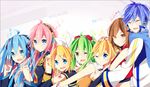  5girls ^_^ ahoge blonde_hair blue_eyes blue_hair brown_eyes brown_hair closed_eyes everyone eyes goggles green_hair gumi hair_ornament hairpin happy hatsune_miku headphones highres kagamine_len kagamine_rin kaito kaito_(vocaloid3) long_hair megurine_luka megurine_luka_(vocaloid4) meiko meiko_(vocaloid3) microphone multiple_boys multiple_girls nail_polish necktie one_eye_closed pink_hair ribbon scarf short_hair smile twintails v4x vocaloid yui-22 