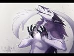  2015 anthro claws forked_tongue fur glowing green_eyes grey_fur looking_at_viewer magic male multicolored_fur rotarr sergal simple_background solo tongue tongue_out two_tone_fur watermark white_background white_fur 