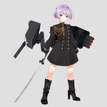  aiguillette alternate_costume black_coat black_footwear boots bow cannon double-breasted full_body gloves hair_bow high_heel_boots high_heels kantai_collection katana mechanical_arm military military_uniform pink_eyes pink_hair ponytail shiranui_(kantai_collection) short_hair short_ponytail solo sword torpedo touyama_eight turret uniform weapon white_gloves 