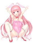  alternate_breast_size animal_ears armpits arms_up bad_id bad_nijie_id breasts bunny_ears bunnysuit covered_navel double_v hairband hakamada_hinata high_heels highres lace lace-trimmed_thighhighs leotard leotard_aside medium_breasts nipples pe_(nijie) petite pink_hair pink_leotard pussy rou-kyuu-bu! solo squatting thighhighs v wrist_cuffs 