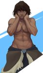  1girl abs avatar:_the_last_airbender blue_eyes breasts brown_hair covering dark_skin groin highres korra looking_at_viewer muscle navel pelt seyrii short_hair solo stomach tattoo the_legend_of_korra toned topless transparent_background 