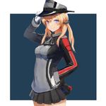  absurdres anchor_hair_ornament bad_id bad_pixiv_id blonde_hair blue_background blue_eyes border breasts cowboy_shot gloves hair_ornament hand_on_headwear hand_on_hip hat highres kantai_collection long_hair looking_at_viewer medium_breasts microskirt military military_uniform peaked_cap prinz_eugen_(kantai_collection) shion_(mirudakemann) simple_background skirt solo twintails uniform white_border white_gloves work_in_progress 