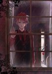  1girl against_glass blue_hair brown_eyes curtains dawn_of_the_golden_witch door from_outside furudo_erika highres momoyama_hinase necktie official_art rain red_hair umineko_no_naku_koro_ni ushiromiya_battler waistcoat window 